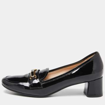 Pre Owned Prada Black Patent Leather Block Heel Loafer Pumps Size 37.5