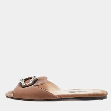 Pre Owned Prada Brown Velvet Crystal Embellished Flat Slides Size 40