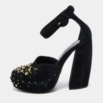 Pre Owned Prada Black Suede Crystal Embellished Ankle Strap Pumps Size 38.5