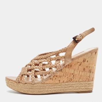 Pre Owned Prada Light Brown Braided Leather Cork Wedge Slingback Sandals Size 37.5