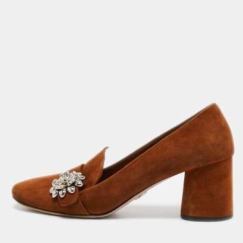 Pre Owned Prada Brown Suede Flower Loafer Pumps Size 38.5
