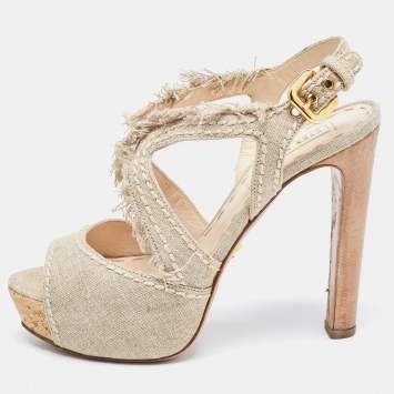 Pre Owned Prada Grey Canvas Leather Platform Block Heel Ankle Strap Sandals Size 38.5