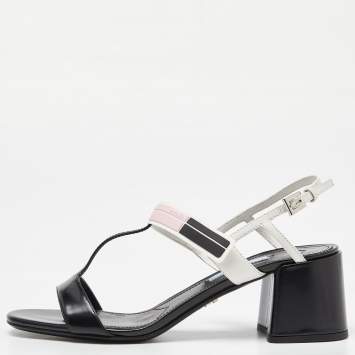 Pre Owned Prada White/Black Leather T-Strap Slingback Sandals Size 37.5