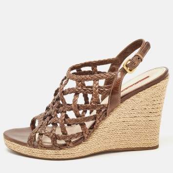 Pre Owned Prada Sport Brown Leather Braided Accents Wedge Espadrilles Sandals Size 40.5