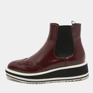Pre Owned Prada Maroon Leather Brogue Ankle Boots Size 35
