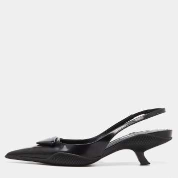 Pre Owned Prada Black Leather Triangle Logo Kitten Heel Slingback Sandals Size 37
