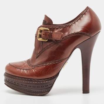 Pre Owned Prada Brown Brogue Leather Lace Up Platform Booties Size 36