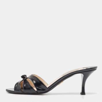 Pre Owned Prada Black Saffiano Leather Bow Slide Sandals Size 38.5