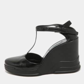 Pre Owned Prada Black Leather T-Strap Wedge Sandals Size 39.5
