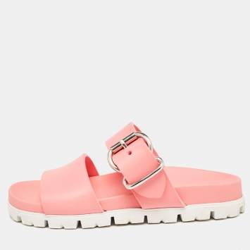 Pre Owned Prada Pink Rubber Buckle Detail Slides Size 36