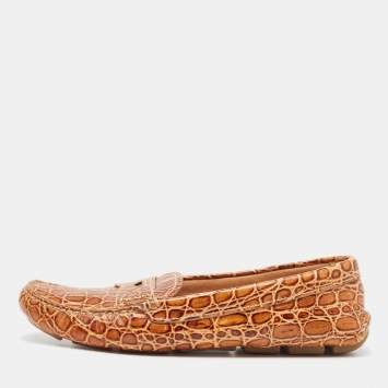 Pre Owned Prada Brown Crocodile Leather Slip On Loafers Size 40.5