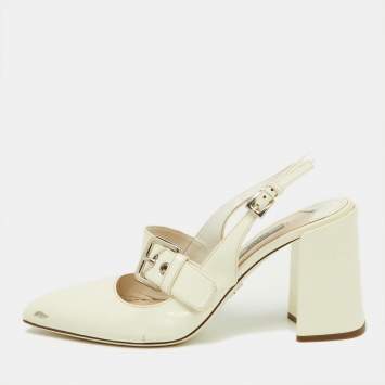 Pre Owned Prada Off White Patent Leather Mary Jane Slingback Block Heel Pumps Size 39