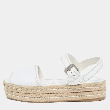 Pre Owned Prada White Leather Espadrille Platform Ankle Strap Sandals Size 38