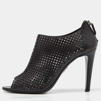 مملوكة مسبقًا Prada Black Perforated Leather Peep Toe Ankle Booties Size 39