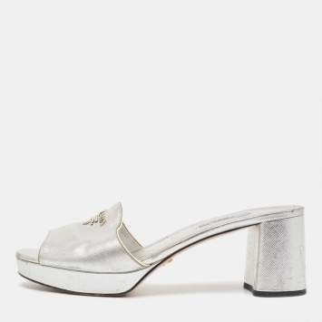 Pre Owned Prada Silver Leather Platform Slide Sandals Size 41 