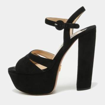 Pre Owned Prada Black Suede Platform Ankle Strap Sandals Size 39.5