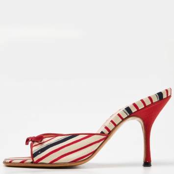 Pre Owned Prada Tri Color Stripe Fabric Bow Slide Sandals Size 35