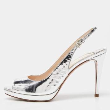 Pre Owned Prada Silver Laminated Leather Peep Toe Slingback Sandals Size 39