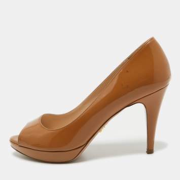 Pre Owned Prada Brown Patent Leather Peep Toe Platform Pumps Size 37.5