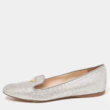Pre Owned Prada Silver Glitter Smoking Slippers Size 36.5
