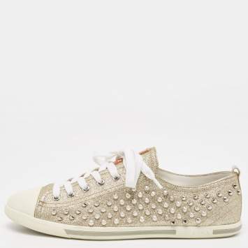 Pre Owned Prada Metallic Gold Glitter Stud Low Top Sneakers Size 40