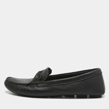Pre Owned Prada Black Leather Logo Embellished Bow Slip On Loafers Size 38.5