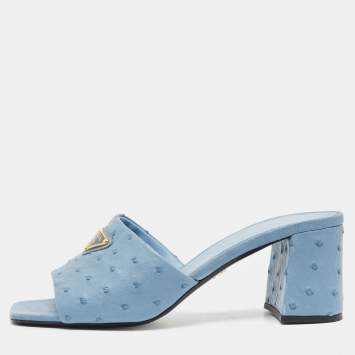 Pre Owned Prada Blue Ostrich Slide Sandals Size 40