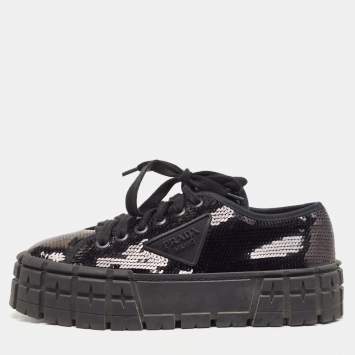 Pre Owned Prada Black Sequin Double Wheel Platform Sneakers Size 37.5