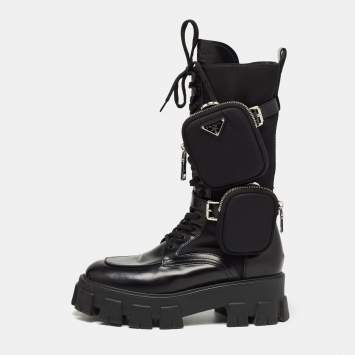 مملوكة مسبقًا Prada Black Leather and Fabric Monolith Mid Calf Boots Size 40