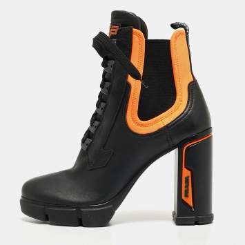 Pre Owned Prada Black/Neon Orange Leather and Neoprene Ankle Boots Size 39.5