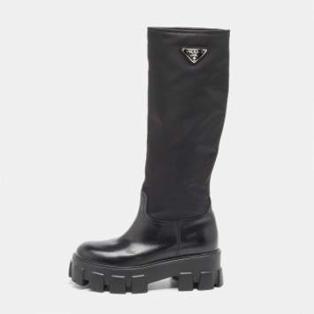 Pre Owned Prada Black Leather and  Nylon Monolith Boots Size 38