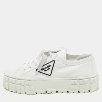 Pre Owned Prada White Nylon Gabardine Double Wheel Sneakers Size 39.5