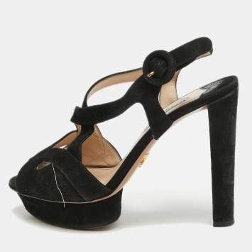 Pre Owned Prada Black Suede Platform Slingback Sandals Size 38