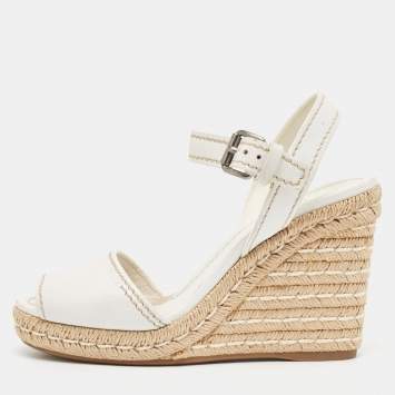 Pre Owned Prada White Leather Espadrille Platform Wedge Ankle Strap Sandals Size 40