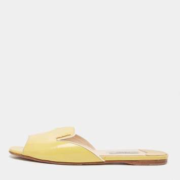Pre Owned Prada Yellow Saffiano Vernice Leather Flat Slides Size 36