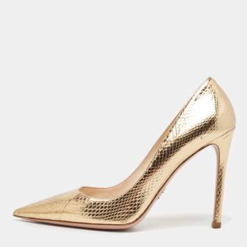 Pre Owned Prada Gold Python Embossed Leather Pointed Toe Pumps Size 37.5
