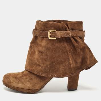 Pre Owned Prada Brown Suede Buckle Ankle Boots Size 39.5