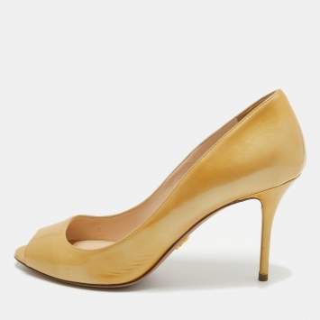 Pre Owned Prada Gold Patent Leather Peep Toe Pumps Size 40.5