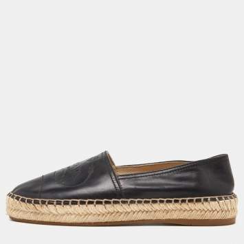 Pre Owned Prada Black Leather Espadrille Flats Size 35.5