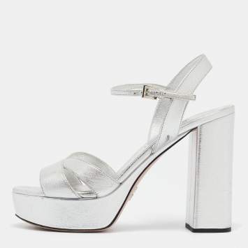 Pre Owned Prada Metallic Silver Leather Ankle Strap Platform Sandals Size 37.5