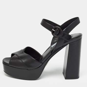 Pre Owned Prada Black Leather Ankle Strap Platform Sandals
