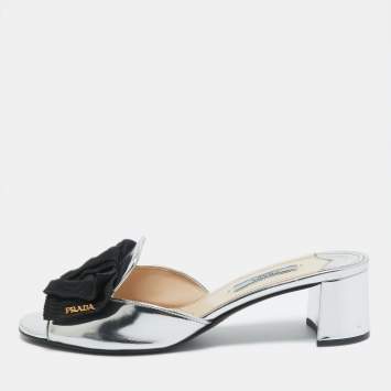 Pre Owned Prada Silver/Black Patent Leather and Canvas Bow Slide Sandals Size 38