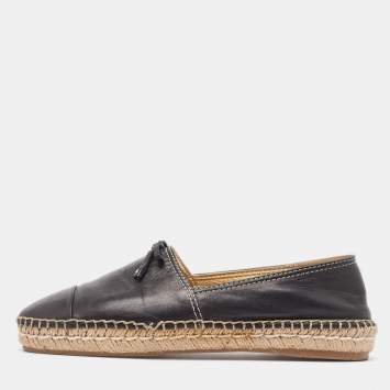 Pre Owned Prada Black Leather Bow Espadrille Flats Size 38.5 