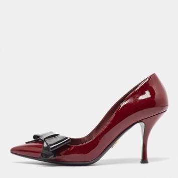 Pre Owned Prada Burgundy Patent Leather Bow Pointed Toe Pumps Size 38.5