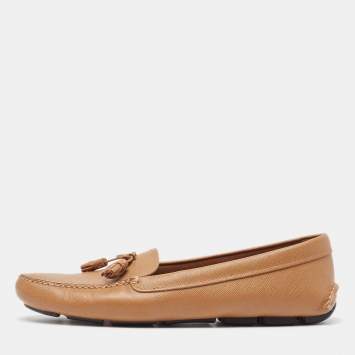 Pre Owned Prada Brown Leather Slip On Loafers  Size 39