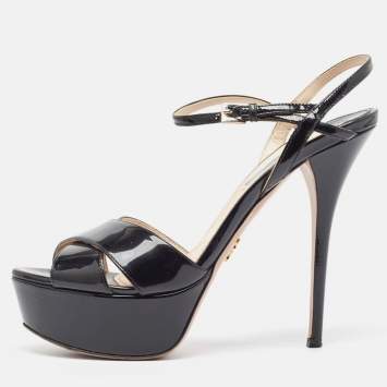 Pre Owned Prada Black Patent Leather Ankle Strap Platform Sandals Size 39.5