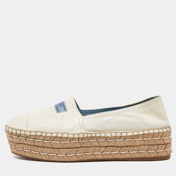 Pre Owned Prada Off White Leather Platform Espadrille Flats Size 39.5