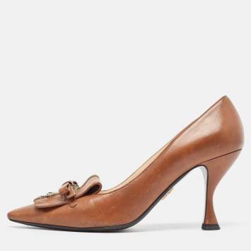 Pre Owned Prada Brown Leather Zip Detail Pumps Size 39