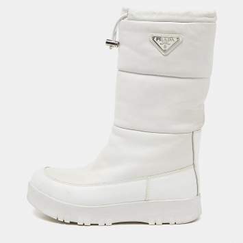 Pre Owned Prada White Leather Mid Calf Boots Size 39.5