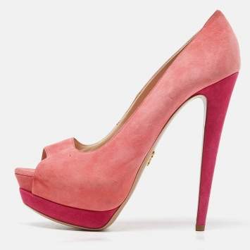 Pre Owned Prada Two Tone Pink Suede Peep Toe Platform Pumps Size 41